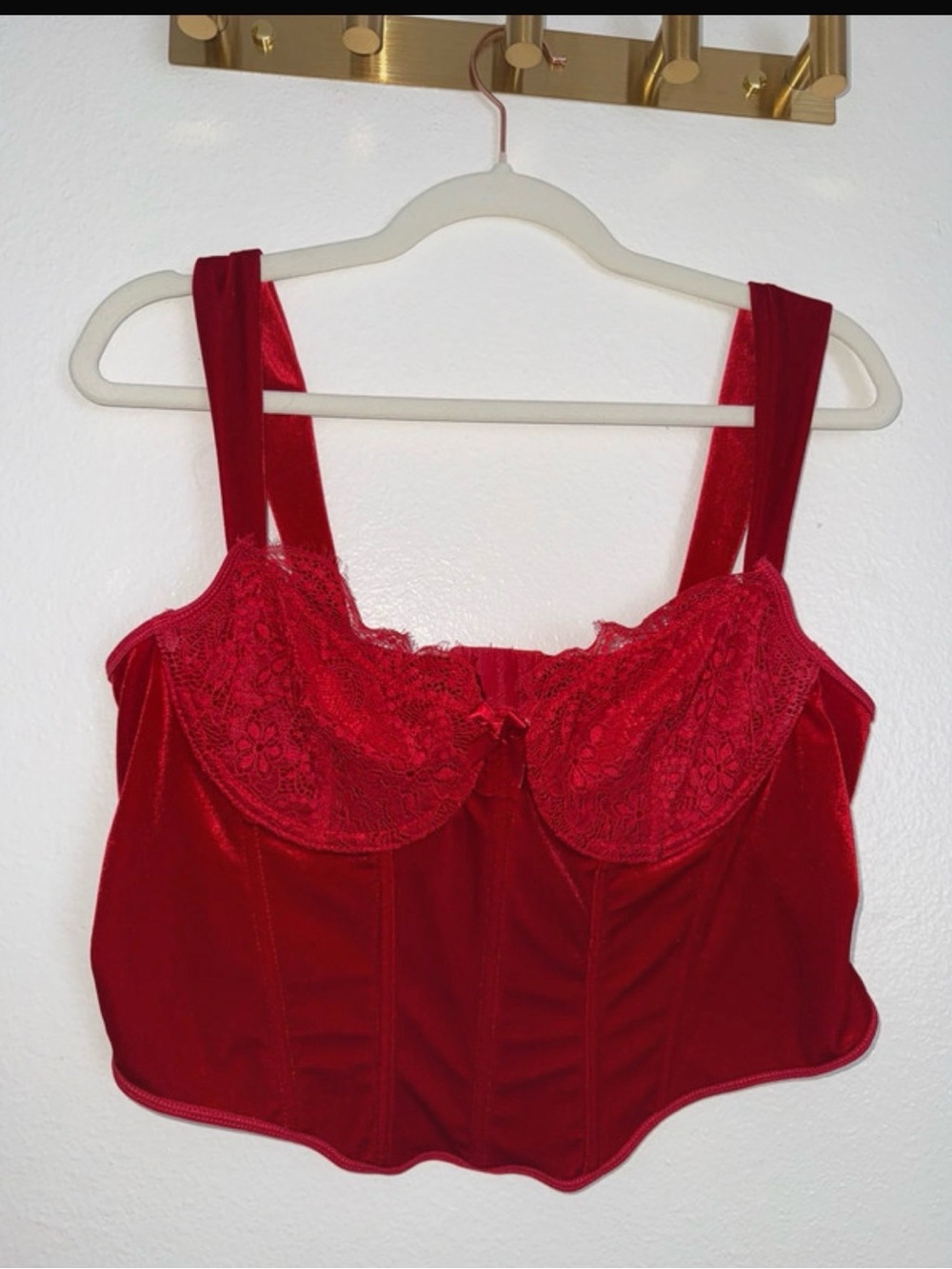 SHEIN Red Lace Velvet Bustier Top